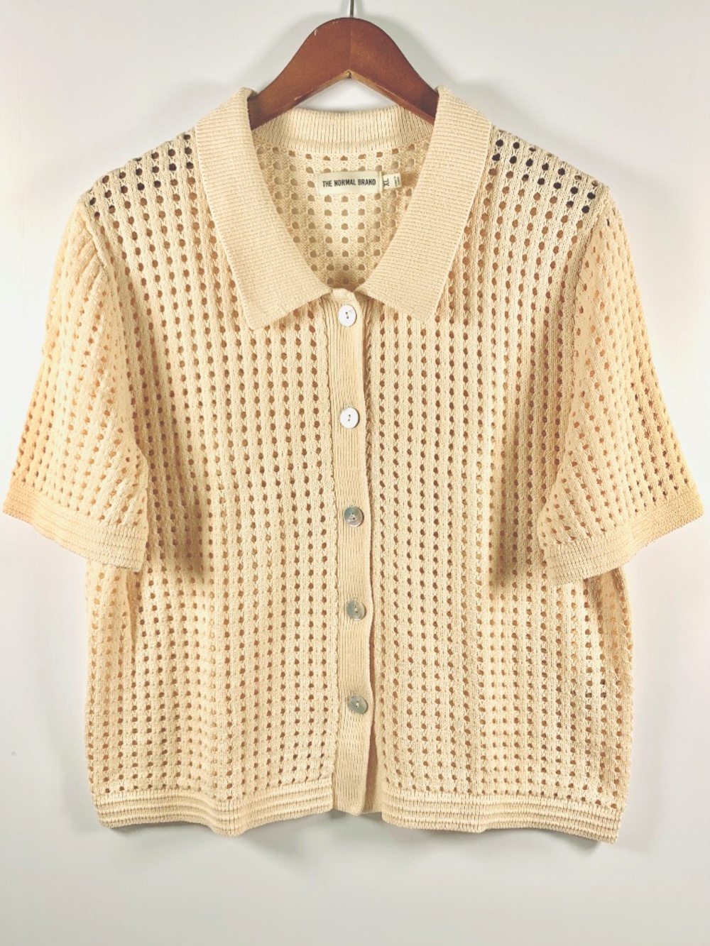 The Normal Brand open knit crochet boho top beige cream button up short sleeve